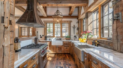 Rustic kitchen with wooden beams and farmhouse sink
