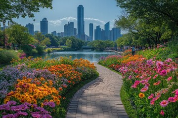 Colorful park path winding to city skyline