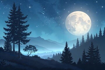 Serene Night With Full Moon Over Mountain Landscape and Pine Trees