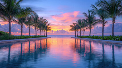 tranquil lagoon at sunset, surrounded by palm trees, reflects warm colors in water, creating serene atmosphere. vibrant sky enhances peaceful scene