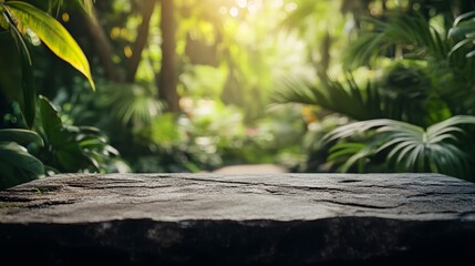 volcanic stone table with a blurred background
