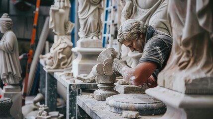Artisan Sculptor Carving a Marble Statue in a Workshop