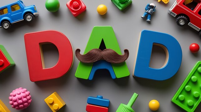 
Playful Colorful Dad Letters With Mustache And Toy Blocks On Blue Background, Father Day Celebration Theme
