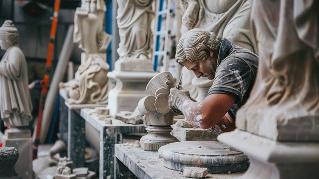 Artisan Sculptor Carving a Marble Statue in a Workshop