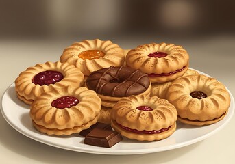 Naklejka premium Assorted Sandwich Cookies on a White Plate with Chocolate Squares
