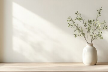Minimalist, light-filled, neutral interior scene with a vase of greenery