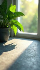 Fototapeta premium Leaf silhouettes against bright sunlight on gray concrete floor, indoor, urban