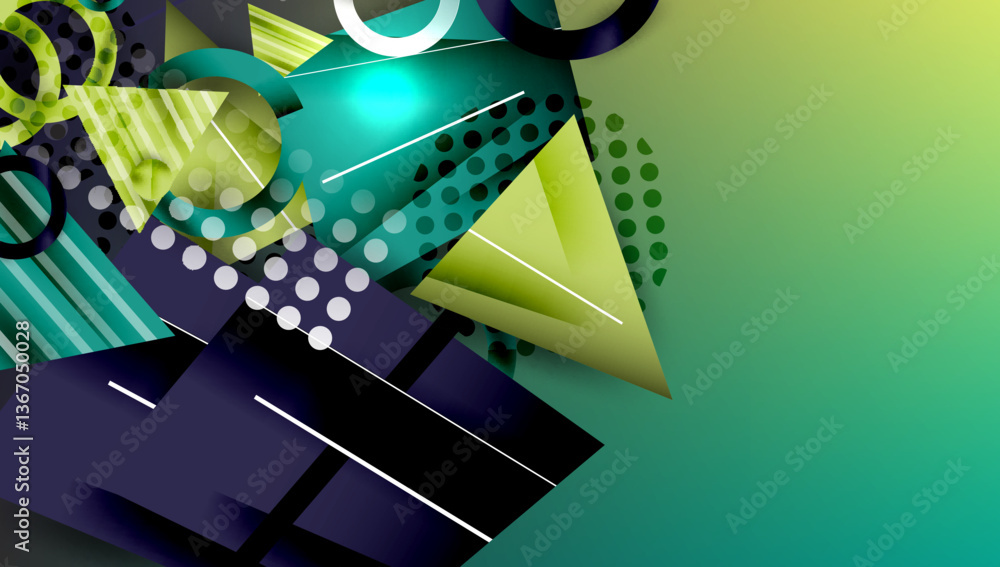Poster Abstract background - overlapping circles, rectangles, and triangles with vibrant gradients. Semi-transparent shapes create depth and balance