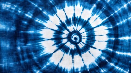 Striking tie dye fabric with a mesmerizing spiral pattern in shades of blue and white creating a dynamic and visually captivating design