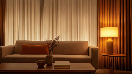 Intimate sitting area with burnt orange sofa, minimalist lamp and dark ambient curtains in a warm cozy mood