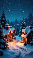 Fototapeta premium Merry Christmas village scene with decorated houses and lights, village, lights