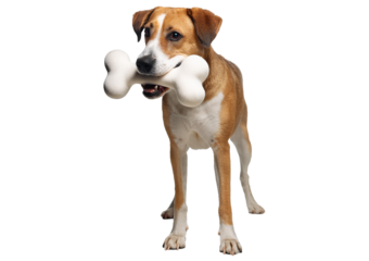 Dog holding big white bone toy isolated on a transparent or white background