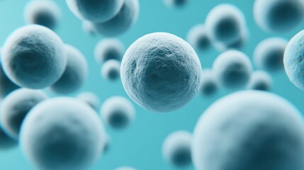 A close-up view of numerous blue cells floating in a turquoise background, showcasing their spherical shapes and biological structure.