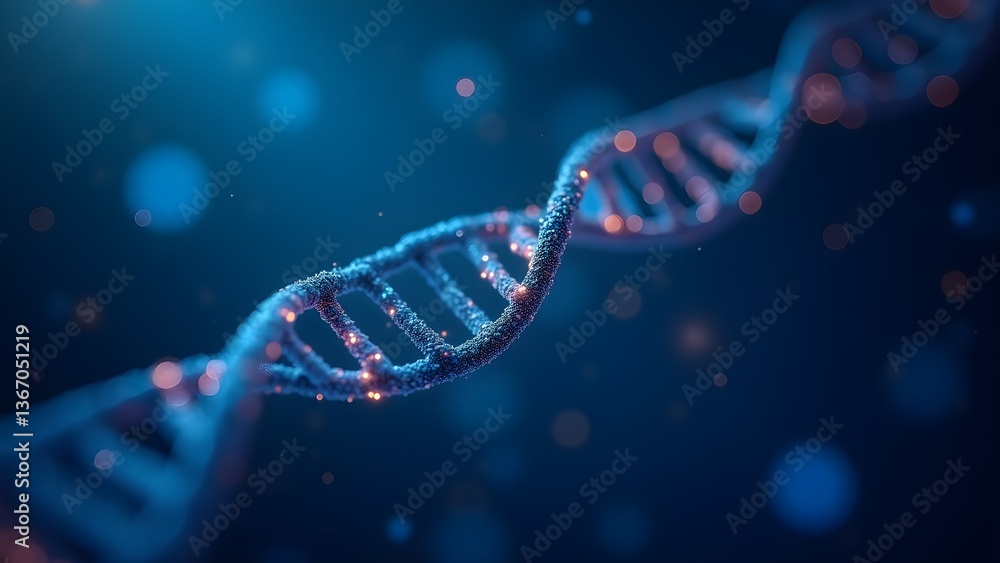 Poster abstract 3d rendering of a detailed dna double helix with a vibrant, glowing color scheme.