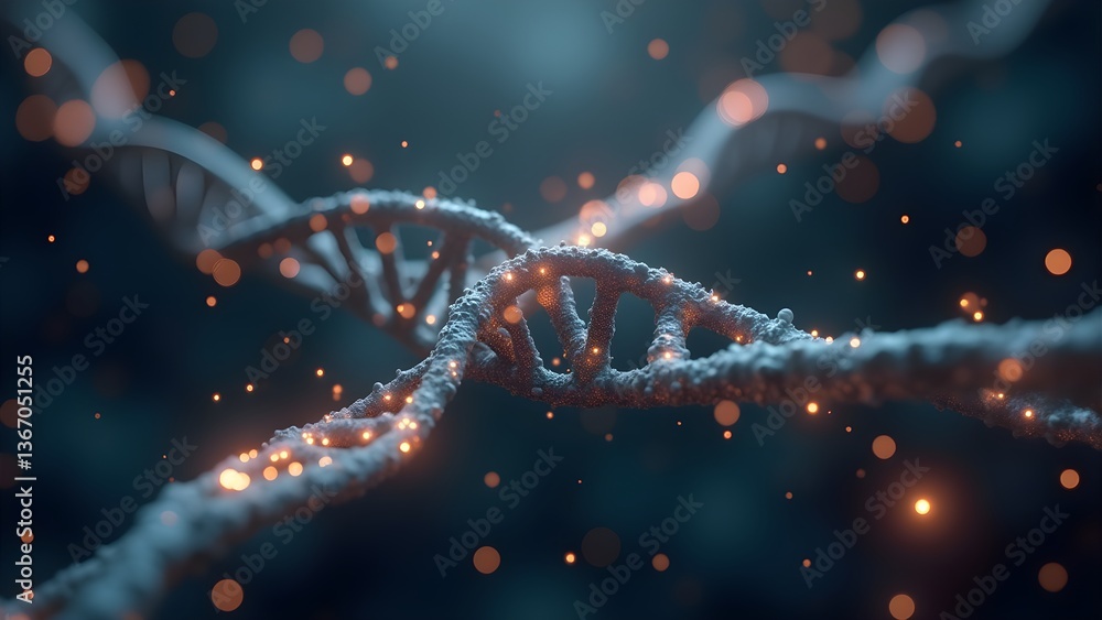 Poster digital rendering of dna double helix with glowing elements: a molecular representation of genetics