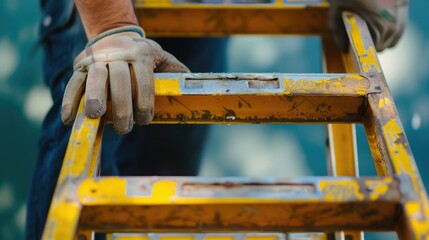 Close-Up of Hands Gripping a Weathered Yellow Ladder