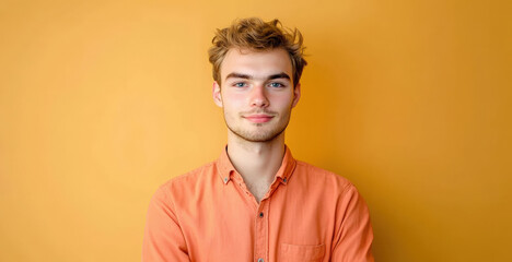 Fototapeta premium Confident Young Man in Orange Shirt Posing Against a Bright Yellow Background