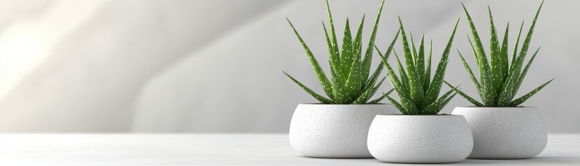 A soothing arrangement of three aloe vera plants in minimalist white pots, set against a soft, neutral background.