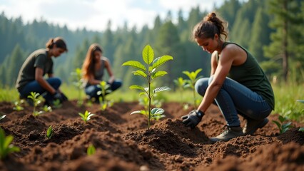 Women Planting Seedlings for Reforestation: A Sustainable Future. Environmental conservation.