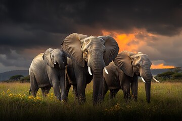Fototapeta premium Elephants Sunset Savanna