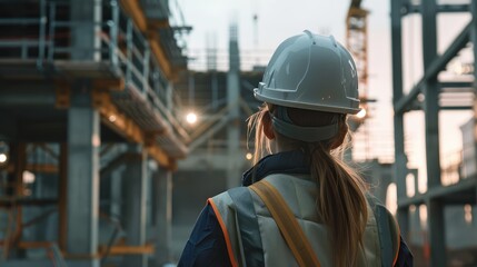 Woman Construction Worker Overseeing a Construction Site at Dusk