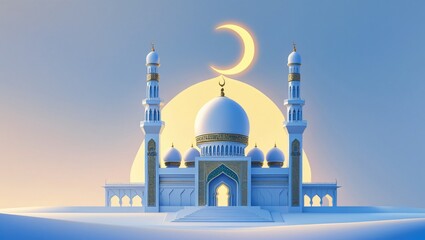 White mosque with golden accents and a crescent moon against a light blue sky
