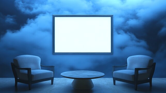 blue room with an empty white screen, a table in front of it, two armchairs, dark blue background with clouds and fog around, private cinema style
