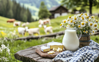 Fresh milk and cheese on a rustic table.