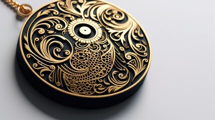 Elegant Gold and Black Pendant with Intricate Swirling Motifs  Timeless Jewelry Design  isolated on white background