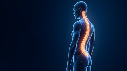 Anatomical illustration of a spine in blue lighting highlighting health and human skeletal system