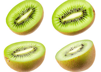 Fototapeta premium Side view, front and back kiwi fruit cut into four pieces, transparent background PNG 