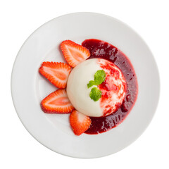 Delicious Italian dessert Panna Cotta with Strawberry, mint and berries sauce in a plate isolated on a transparent background.