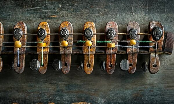 A close-up of an antique stringed instrument's tuning pegs and string hardware arrangement.