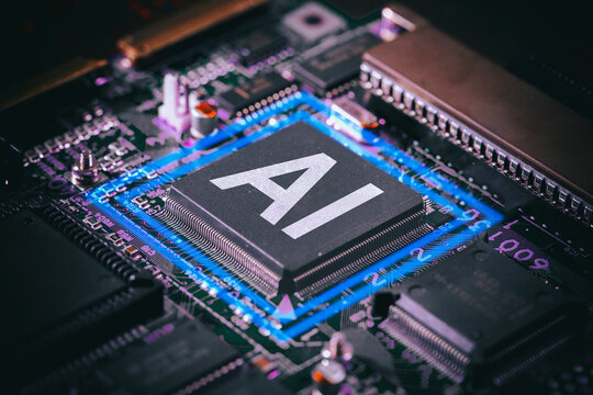 AI, technology background. Artificial intelligence. Circuit board, CPU. Motherboard digital chip