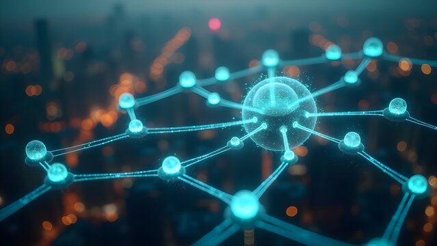 Futuristic Network Connection Over Cityscape, Digital Network Technology, and Cybersecurity Systems