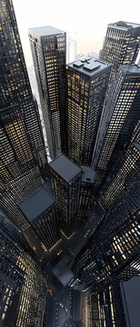 Fototapeta Dark Grey and Black Cityscape at Night with Illuminated Skyscrapers