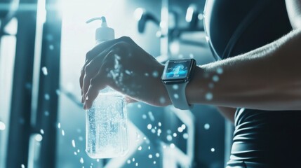 Person using a wearable device to track hydration levels and fitness progress during a workout, modern gym with fitness equipment and tracking devices, High-tech style