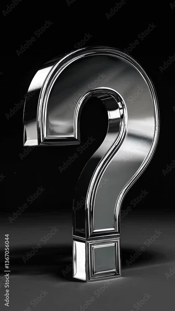Poster a close-up, low-angle shot of a metallic question mark on a dark background, creating a mysterious a