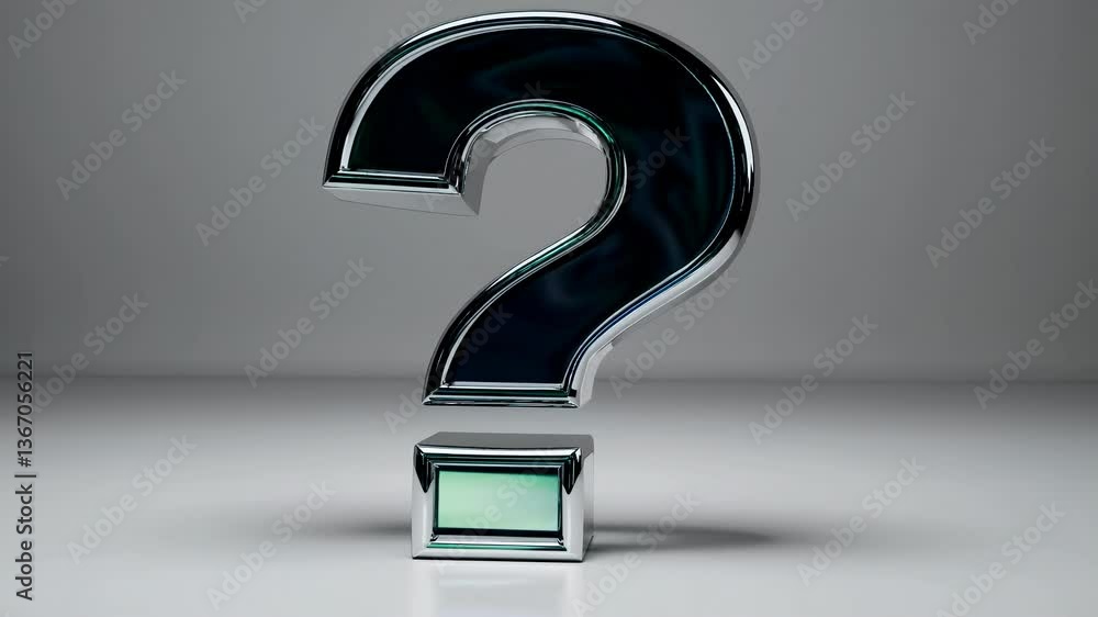 Poster a 3d metallic question mark stands upright on a reflective surface, captured from a low-angle, creat