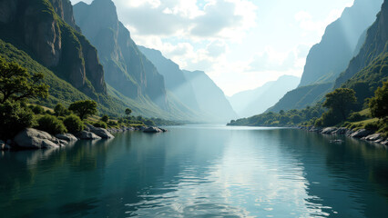 Serene Mountain Landscape with Calm River Under Soft Light and Lush Greenery