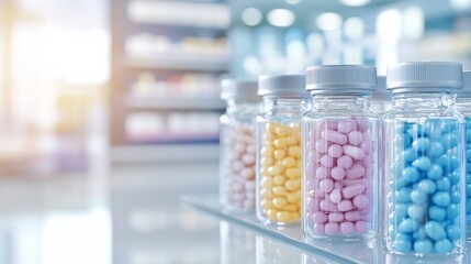 Colorful medication pills are displayed in clear prescription bottles