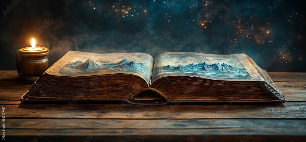 Poster fantasy realms unfold from the pages of an ancient book illuminated by candlelight