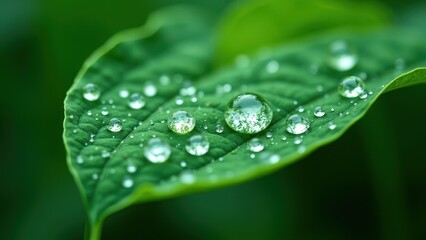 Fototapeta premium Close-Up of Water Droplets on Green Leaf Showcasing Nature's Beauty and Clarity