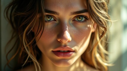 Fototapeta premium Close-Up Portrait of Young Woman with Striking Green Eyes and Natural Beauty