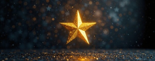 Shining gold star suspended in mid-air against a dark canvas background, light, sparkle, decorative
