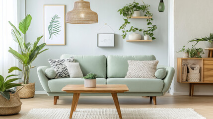 Scandinavian pastel room with mint green sofa, wooden coffee table and nature-themed decor in a fresh daylight tone