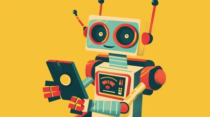 Fototapeta premium Friendly Robot Holding a Tablet on Yellow Background