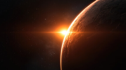 Fototapeta premium A stunning view of a planet's horizon with a bright sunrise illuminating space, surrounded by stars and cosmic beauty.