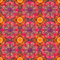 Bright seamless pattern with stylized daisies and dandelions on a red and orange background.