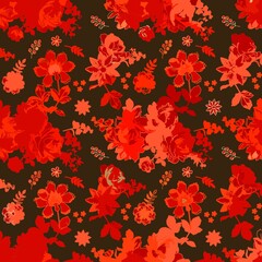 Romantic pattern with red flower bouquets on a black background. Neon Flare is a fashionable color 2026. Print for fabric.
